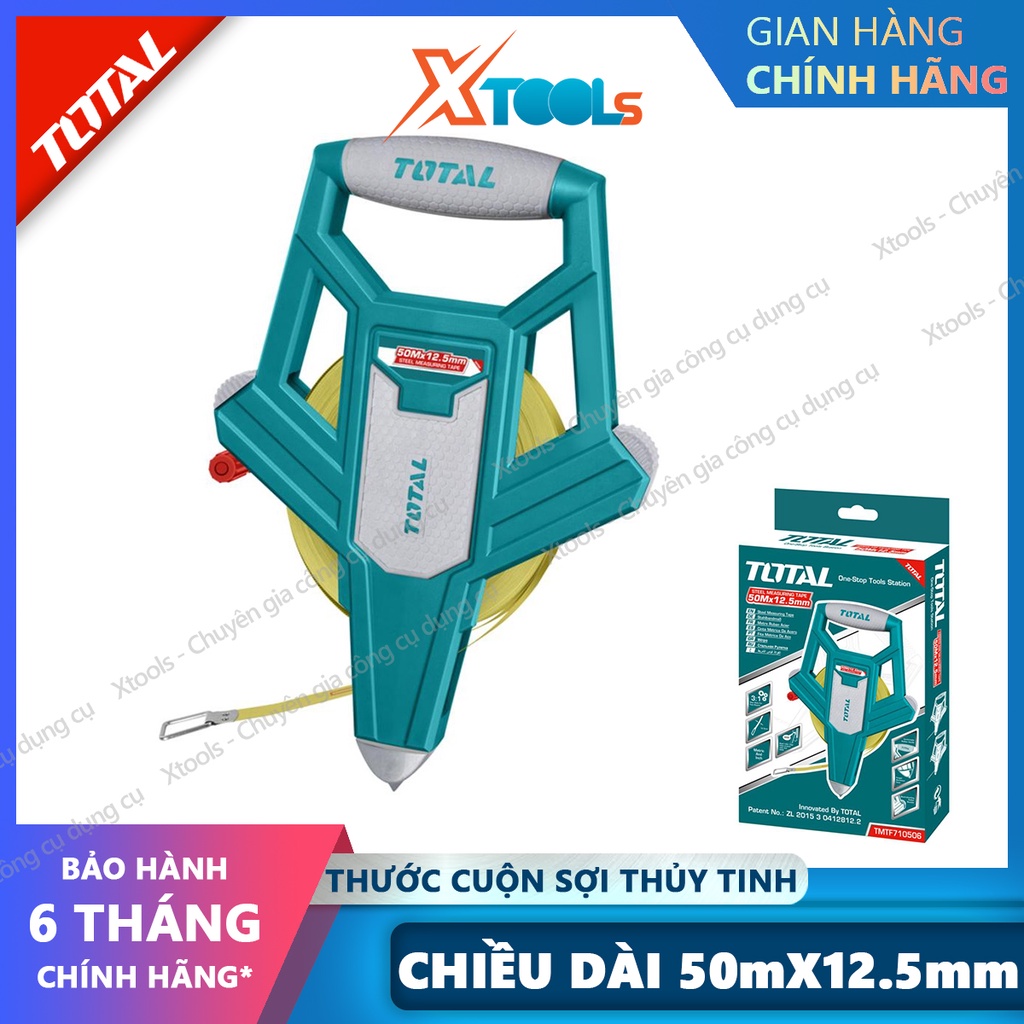 Thước dây cuộn sợi thủy tinh TOTAL TMTF12506 50m, thước cuốn đa năng vỏ nhựa ABS bọc cao su siêu bền, tốc độ cuốn nhanh