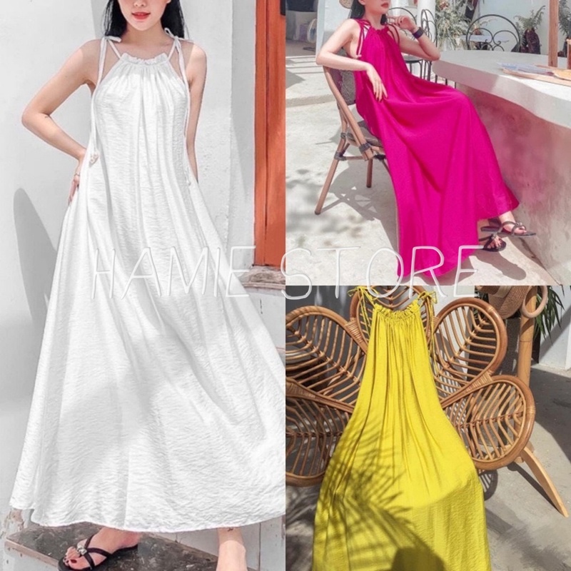 Đầm maxi cổ yếm đi biển suông dáng dài qua gối nơ vai HV159, váy khoét vai suông rộng bầu bí