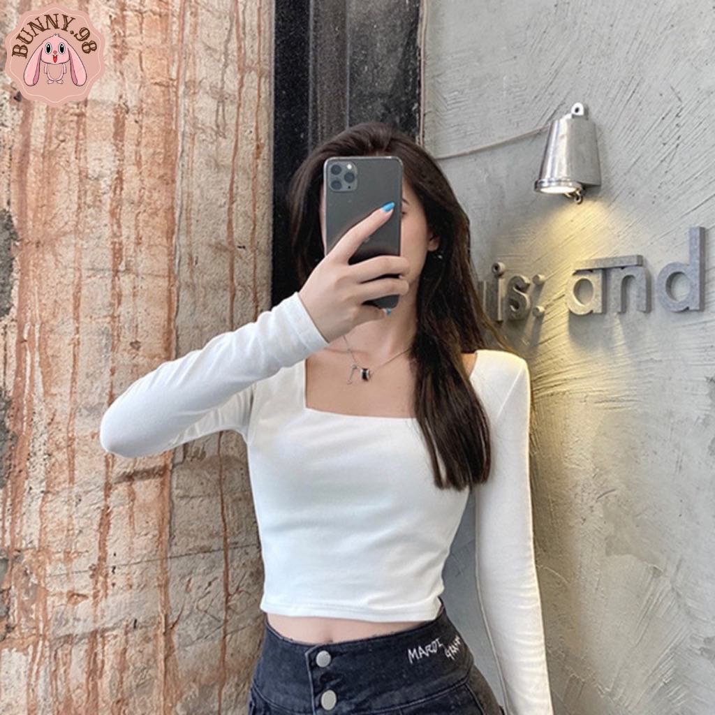 Áo Croptop Nữ Cổ Vuông Tay Dài Chất Cotton Co Dãn,Áo Thun Tay Dài Màu Trơn Dáng Ngắn Kiểu Ôm Sexy