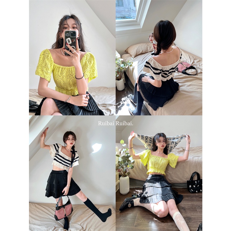 HUANG YOYO Áo Len Tay Ngắn Cổ Vuông Họa Tiết Sọc Thời Trang Phong Cách Hàn Quốc Cho Nữ