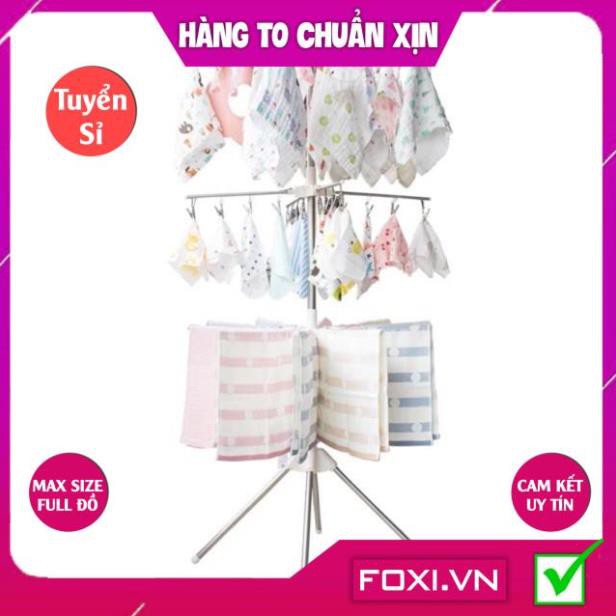 Cây phơi đồ đa năng INOX cao cấp Foxi-3 tầng-2 tầng móc kẹp-1 tầng thanh phơi-móc kẹp xoay 360 độ