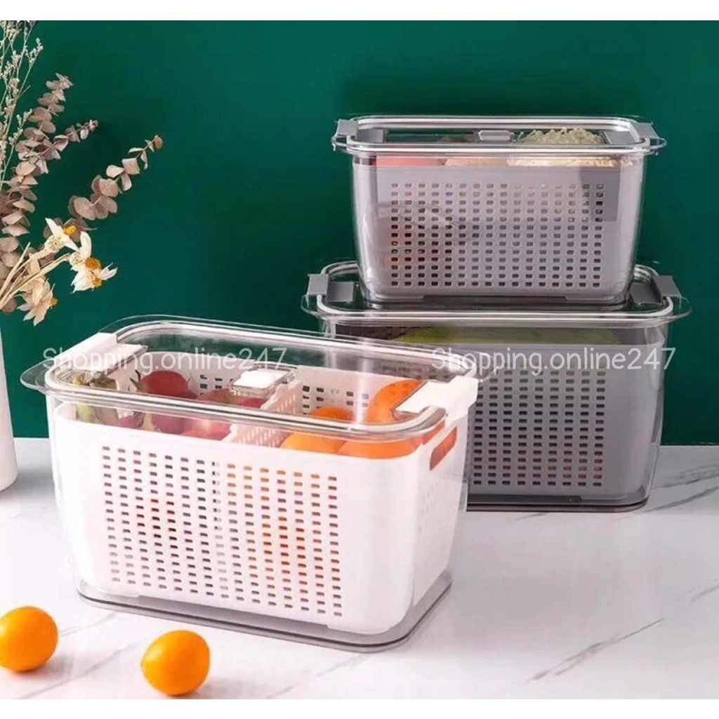Hộp nhựa PET đựng thực phẩm để tủ lạnh 2in1 tiện dụng có lỗ thoát nước - khóa thoát khí - dẽ dàng bảo quản rau củ quả