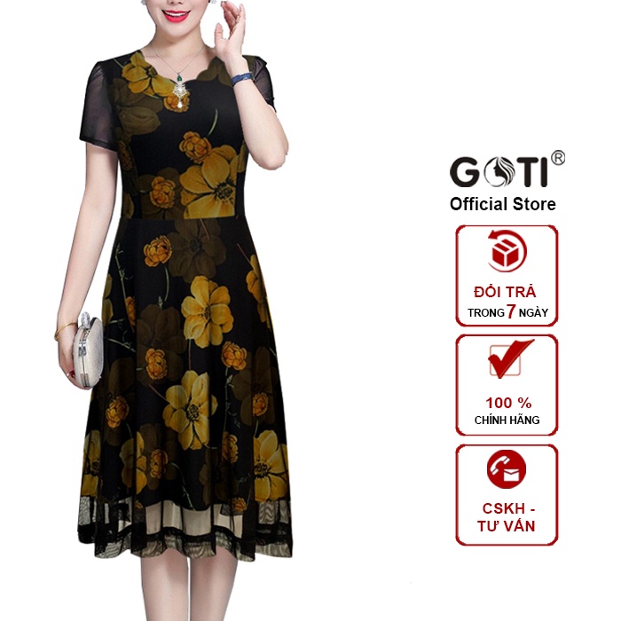 GOTI - Đầm Trung Niên Dự Tiệc Dáng Xòe Dài Qua Gối Phối Lưới Co Giãn Tốt Sang Trọng Cho Mẹ U50 U60  – 3332 3323