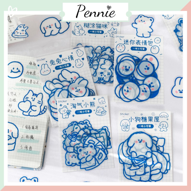 Bộ 40 miếng dán sticker hình thú hoạt hình viền xanh Pennie xinh xắn dùng dán trang trí