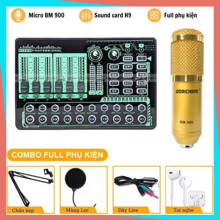 Bộ Combo Mic Thu Âm Hát Livestream Soundcard H9 & Mic BM900 chuyên hát live stream, karaoke