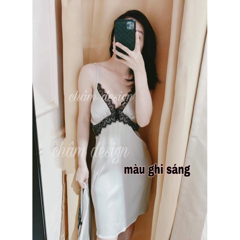 váy ngủ lụa satin màu ghi sáng dáng dài kết hợp ren đen( hàng thiết kế độc quyền tại shop)❤️