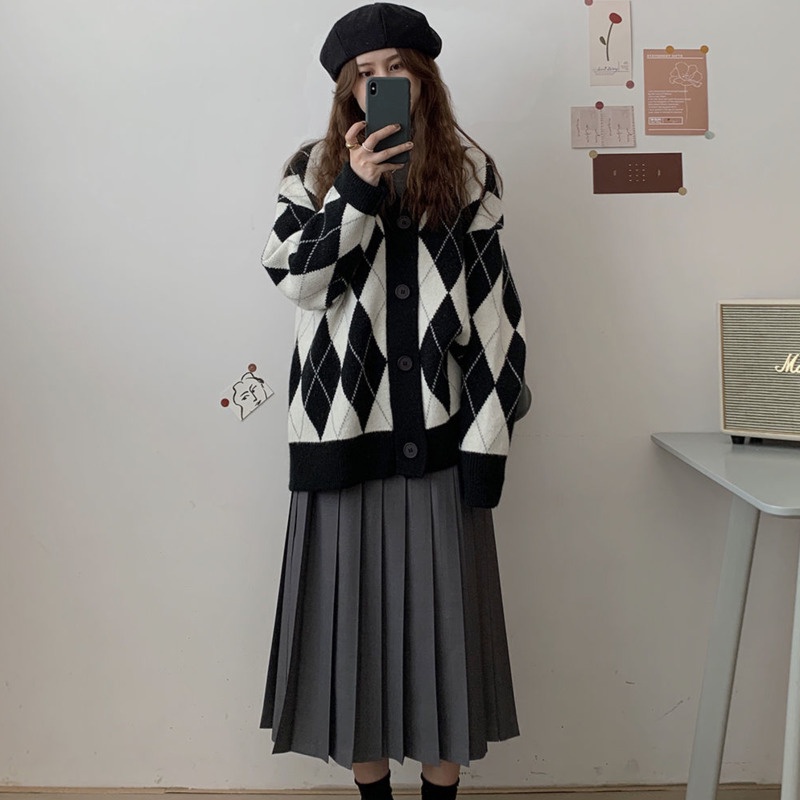 Áo khoác cardigan dệt kim dáng rộng họa tiết kim vương thời trang thu đông cho nữ