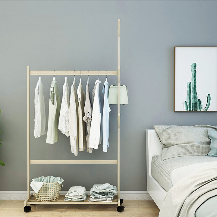 Giá treo kệ treo quần áo size 80cm phòng ngủ có chân di động bằng gỗ tre cao cấp chống mối mọt tối giản kiểu Hàn MGK042