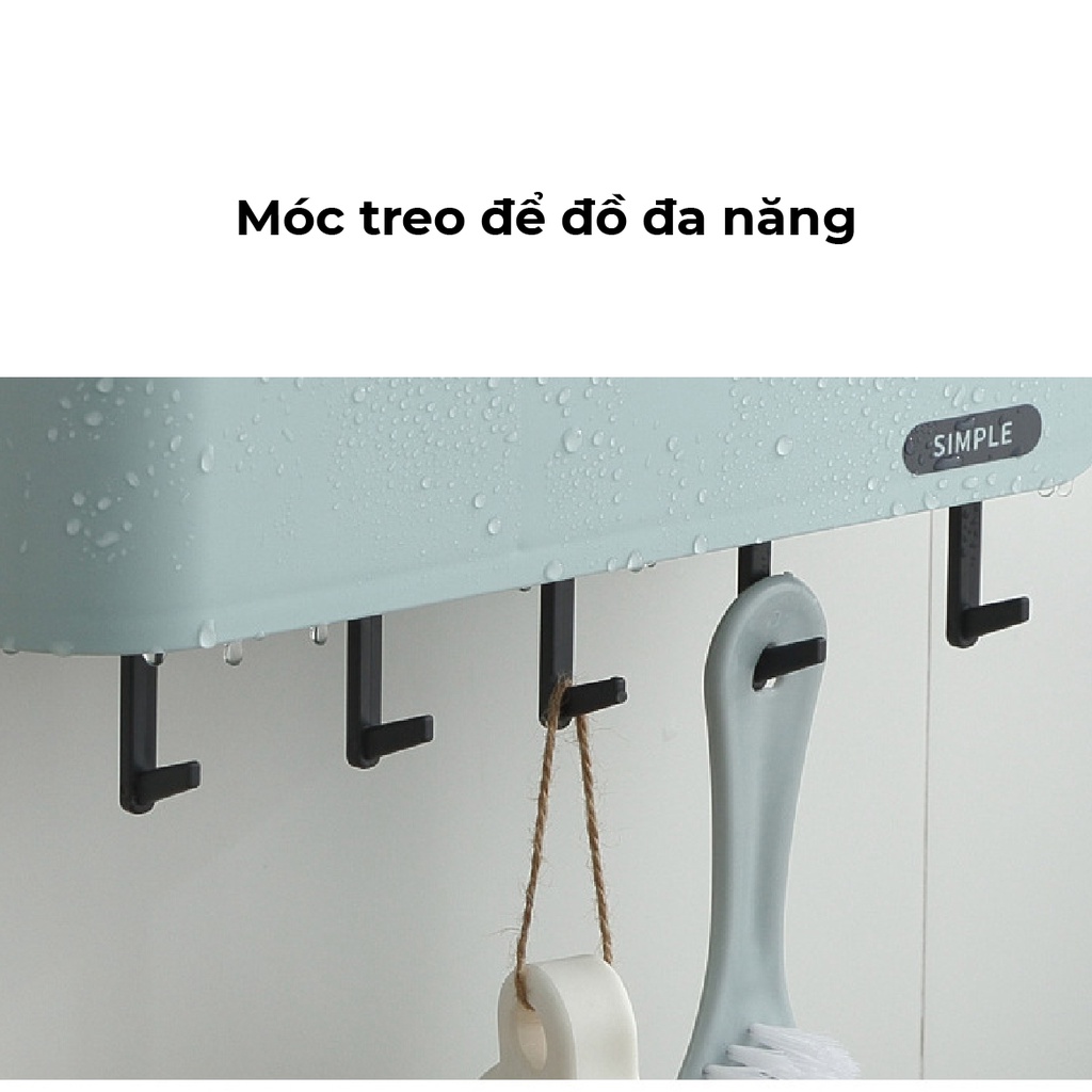 Kệ để bàn chải đánh răng dán tường sẵn 2 cốc đánh răng và móc treo đồ chất liệu nhựa ABS an toàn, cao cấp