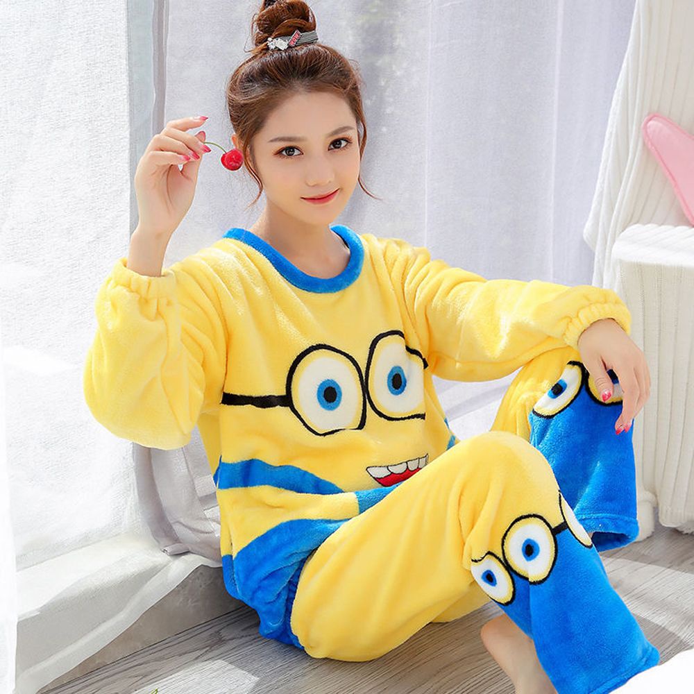 Bộ đồ ngủ bằng lông cừu san hô in họa tiết hoạt hình Doremon minions phong cách Hàn Quốc thời trang cho nữ