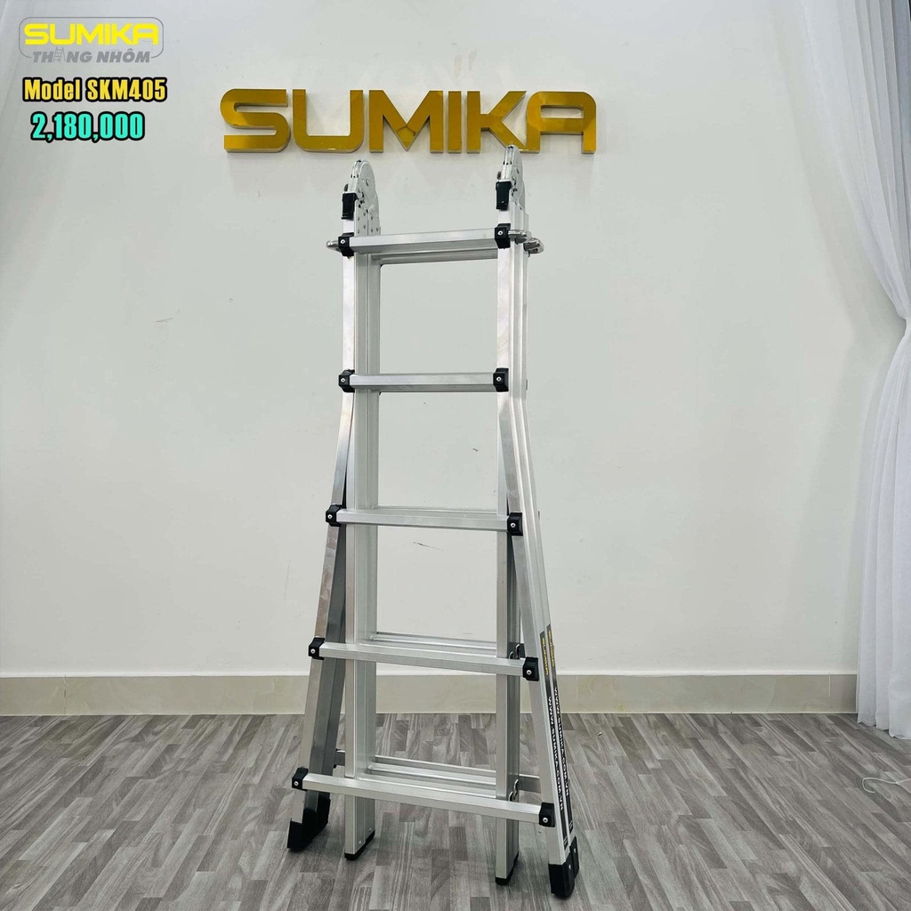 Thang nhôm gấp trượt chữ A mở rộng Jumbo A405 & Sumika SKM405 tải trọng 300kg bảo hành 2 năm, thang sửa chữa điện lạnh