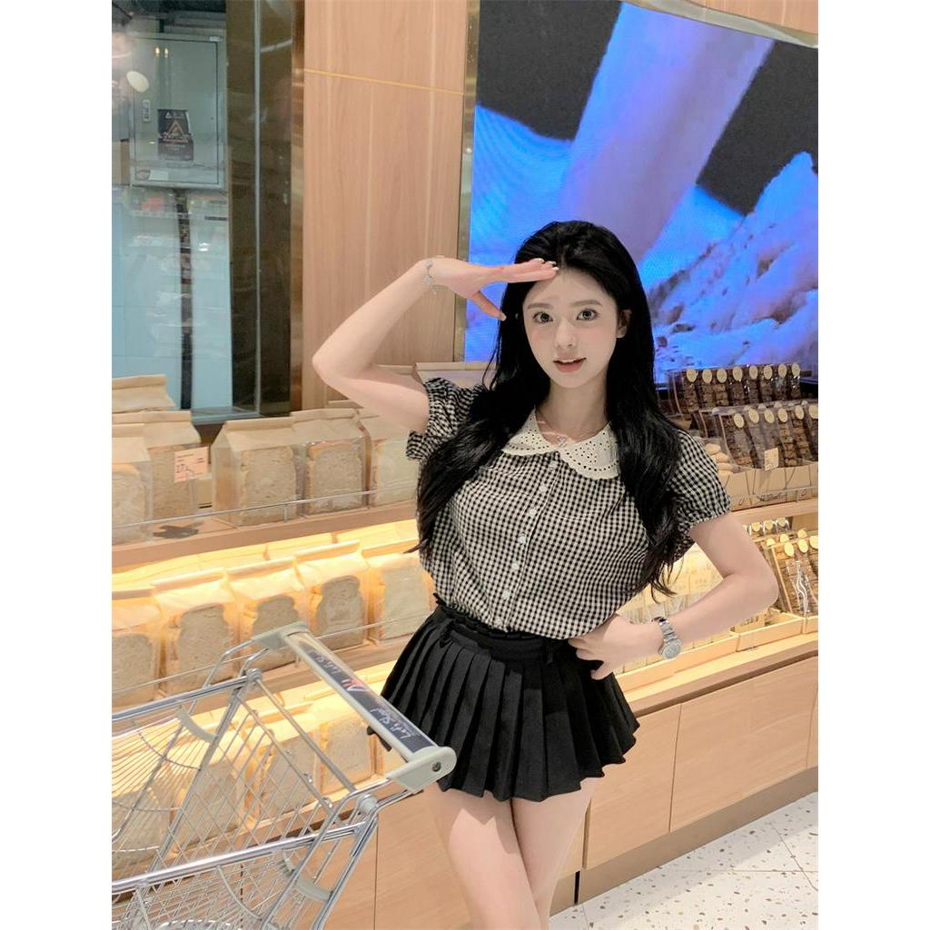 Áo Sơ Mi Kẻ Ô Cổ Tròn Ngắn Tay Phong Cách Hàn Quốc Mới 63694