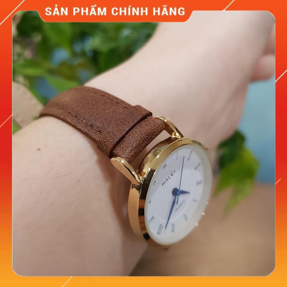 Hot!!! Đồng hồ cặp đôi nam nữ Halei kim xanh mặt trắng dây da nâu chính hãng Tony Watch 68 giá re