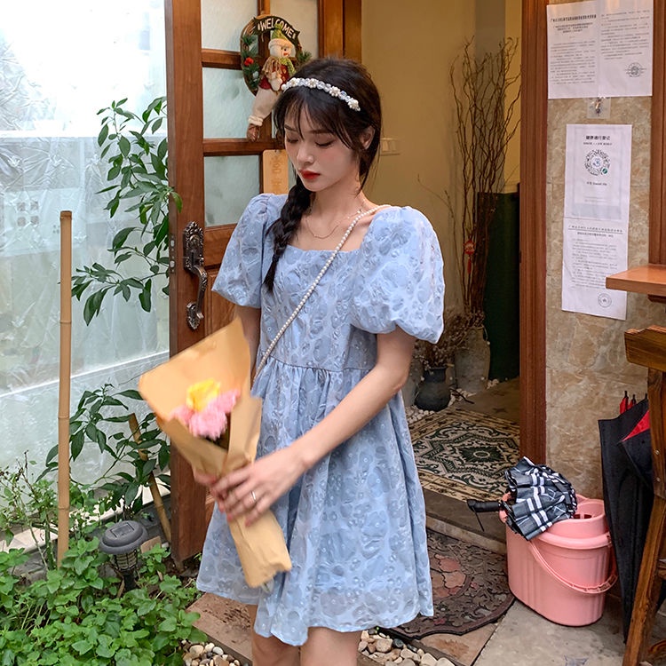 Đầm Tay Phồng Cổ Vuông Phong Cách Retro Pháp Cho Nữ