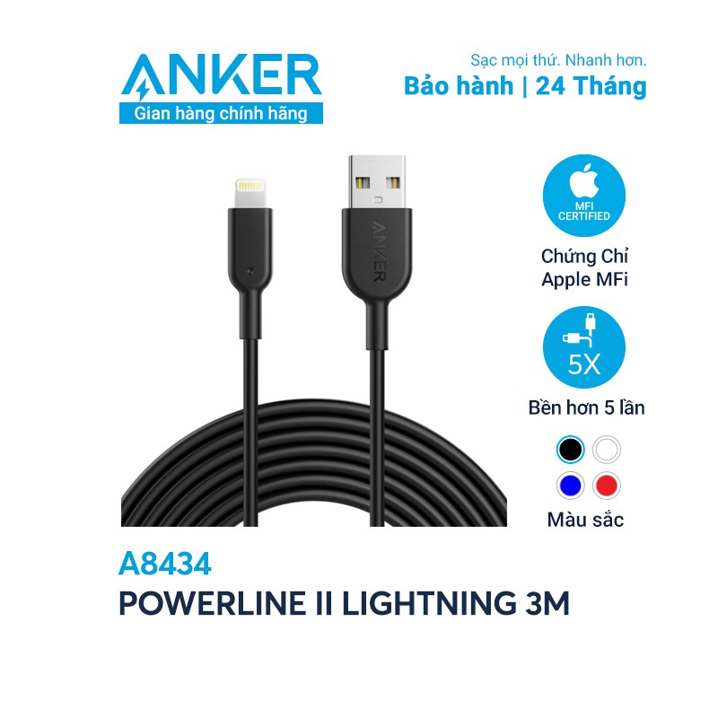 Cáp sạc ANKER Powerline II Lightning - Dài 3.0m - A8434
