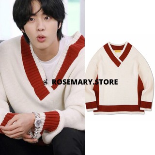 Có sẵn_Áo len tay dài cổ chữ V trắng viền đỏ Jin BTS