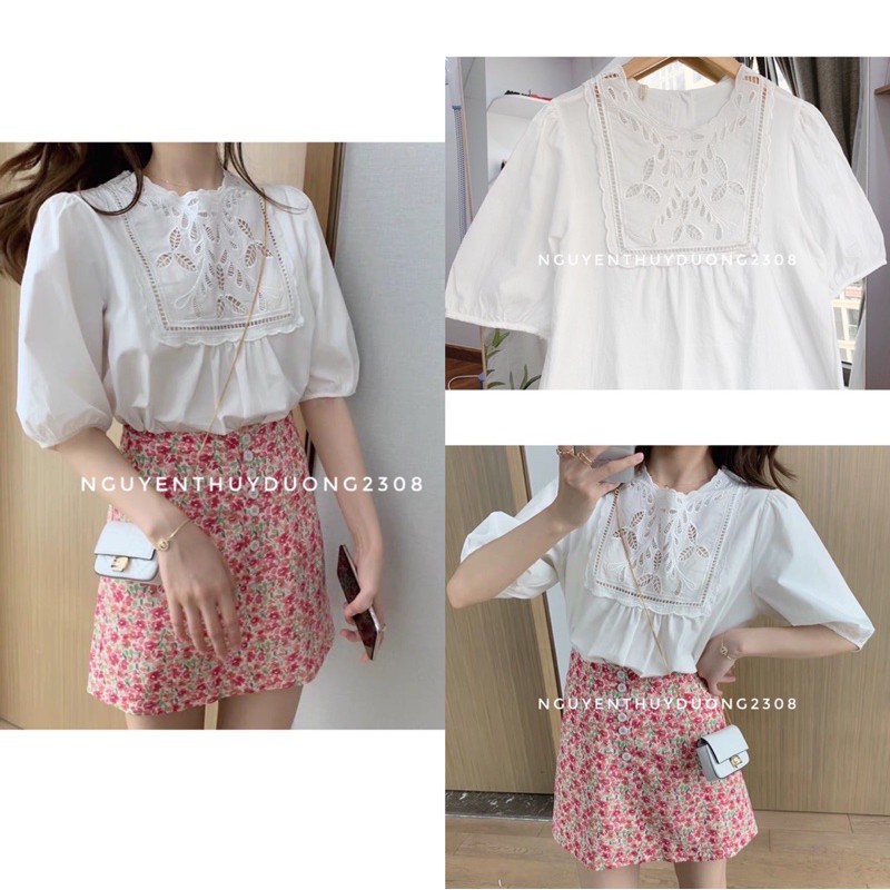 Áo sơmi ren lỗ cổ tròn tay cộc phong cách ulzzang