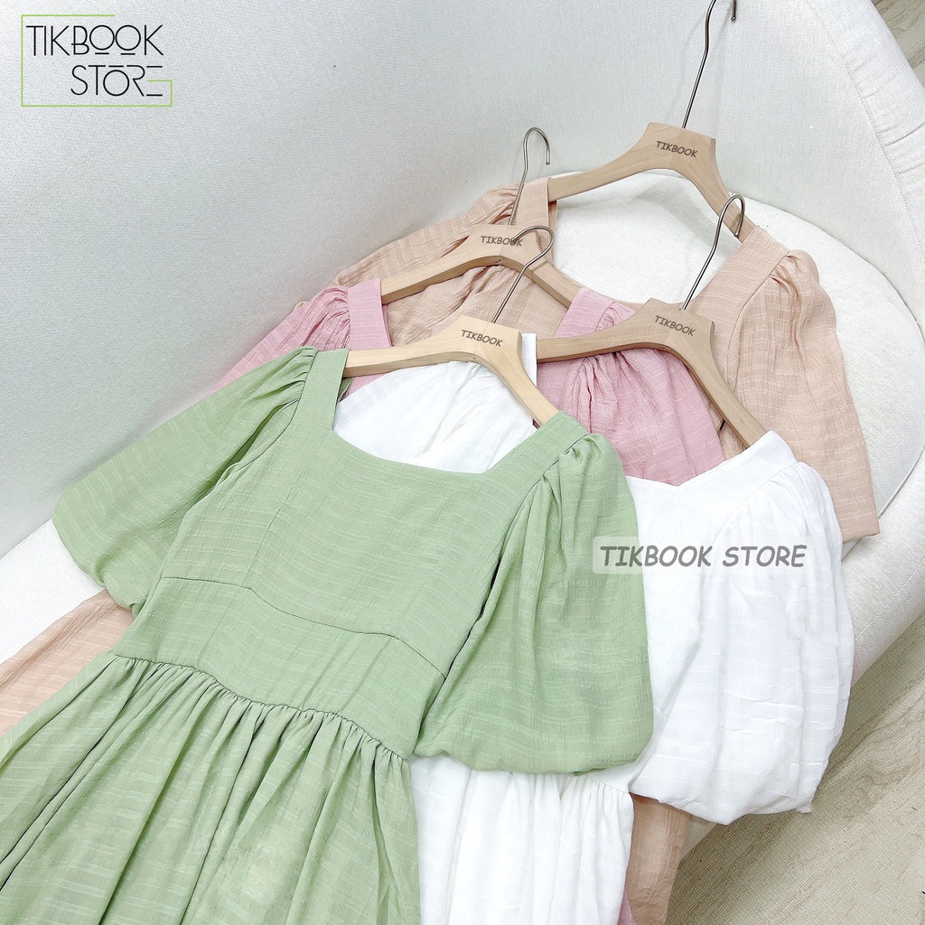Có sẵn- Váy hè tay bồng, đầm cổ vuông dáng dài- Tikbook Store