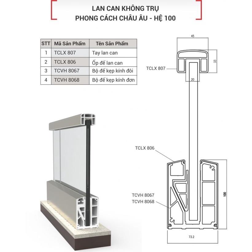 Bộ đế kẹp lan can kính không trụ nhôm Maxpro jp