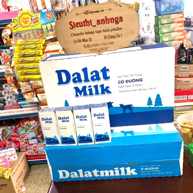 Thùng 48 hộp sữa tươi tiệt trùng ít đường / có đường  Dalat Milk 180ml/ hộp