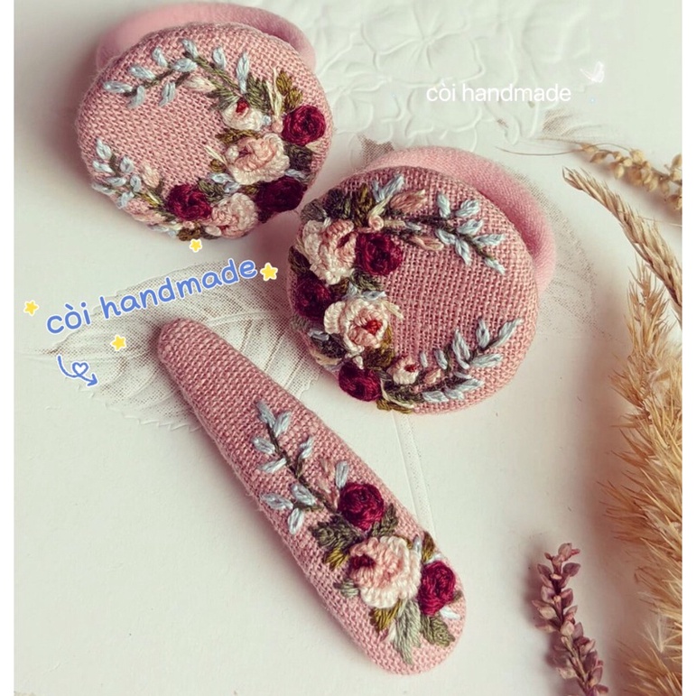 Set Cặp tóc + Nơ thêu handmade