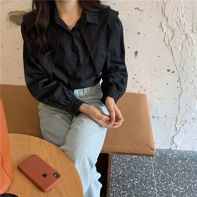 38655 Áo Sơ Mi Dài Tay Màu Trơn Thêu Hoa Văn Cho Nữ