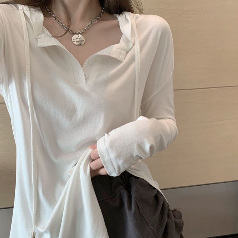 Áo thun cotton giấy ZARA xuất xịn tay dài vạt bầu cổ bẻ có nón trùm đầu đen, trắng, xám