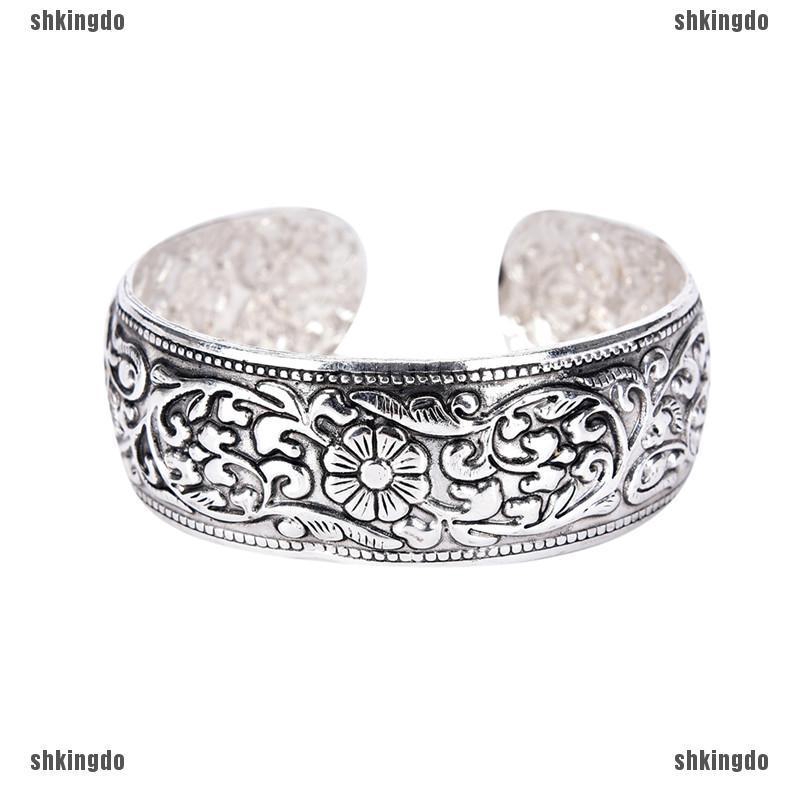 Vòng Tay Mạ Bạc Khắc Họa Tiết Hoa May Mắn Phong Cách Tây Tạng