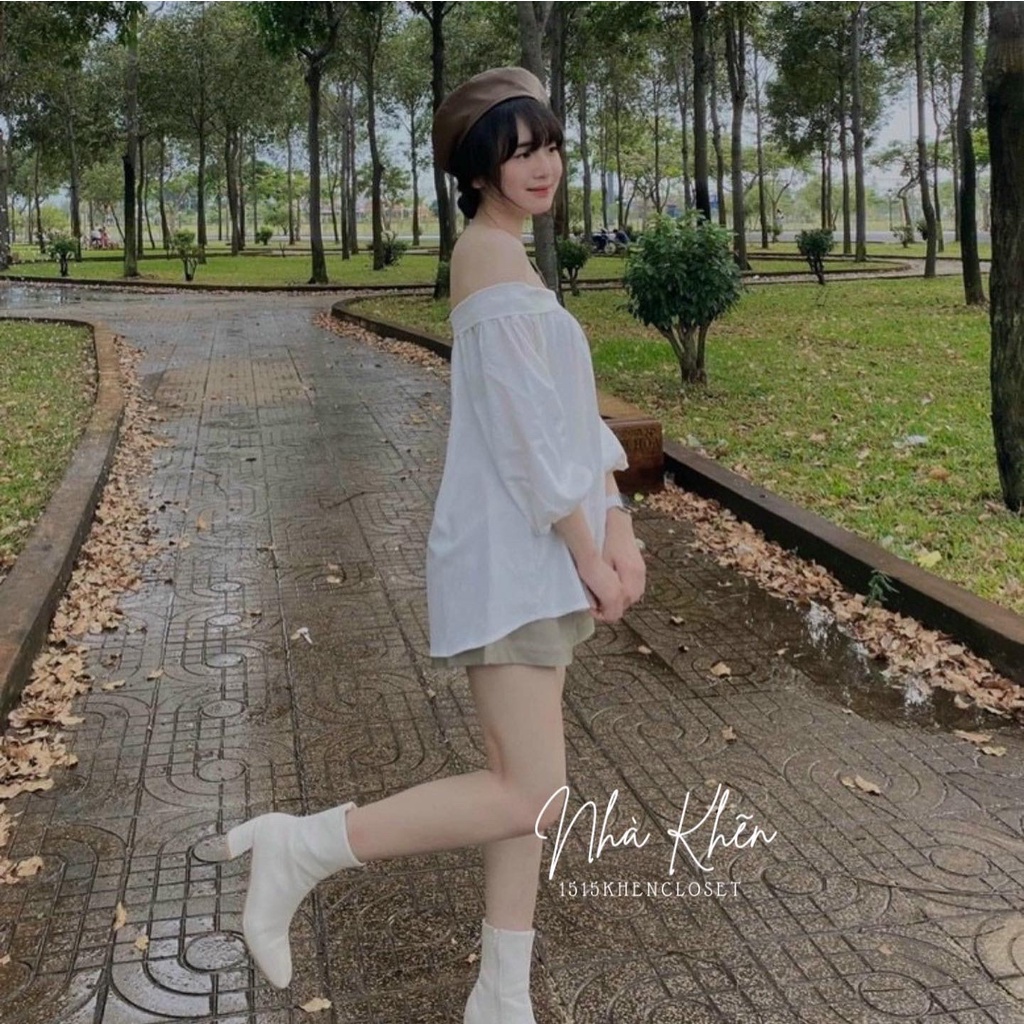 Set áo trễ vai nơ 2 màu quần short