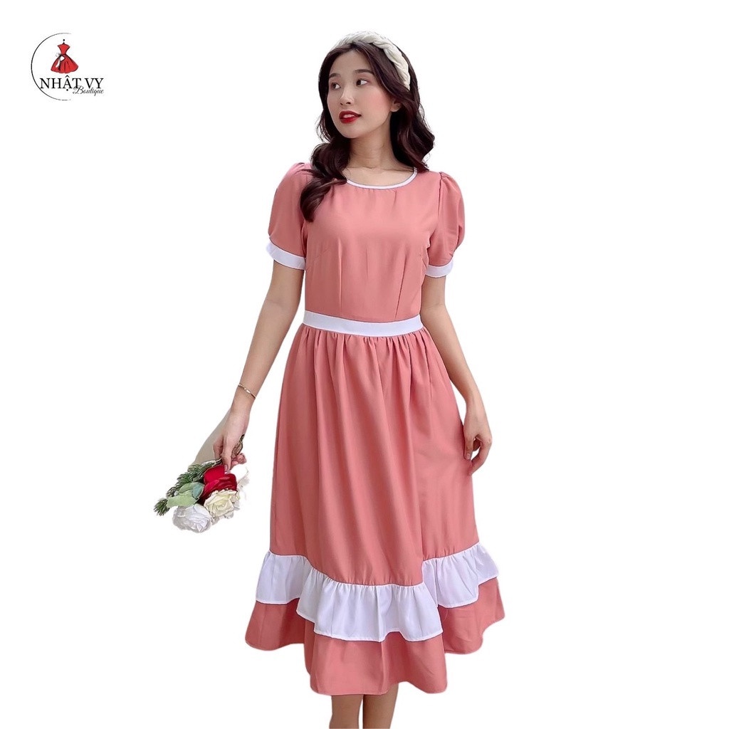Đầm Nữ NHẬT VY Cổ Tròn Phối Trắng Tay Phồng Chất Lụa Công Sở Dáng Xoè Màu Xám, Hồng - D2269