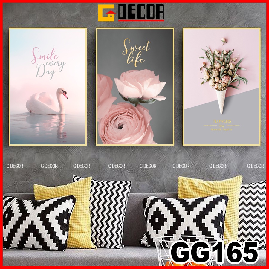 Tranh treo tường canvas khung gỗ 3 bức phong cách hiện đại Bắc Âu 165, tranh hoa hồng trang trí phòng khách, phòng ngủ
