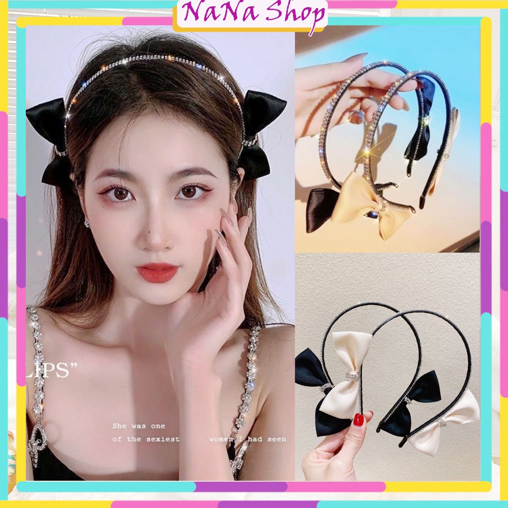Băng đô cài tóc đính đá lấp lánh phối nơ 2 bên sang trọng phong cách Hàn Quốc thời trang cho nữ NaNa Shop