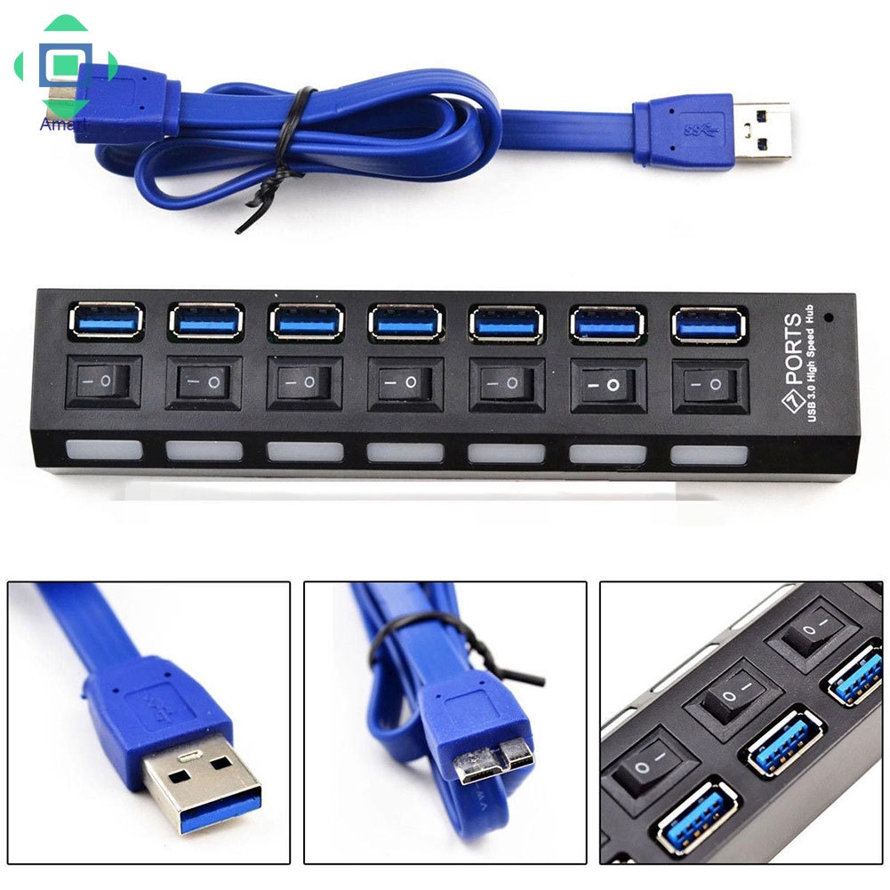 Hub 7 cổng USB 2.0 3.0 có nút + dây cáp tốc độ cao