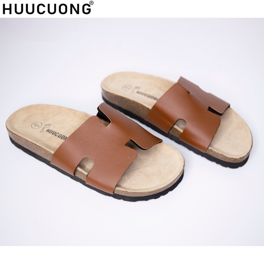 Dép unisex HUUCUONG chữ H pu nâu đế trấu