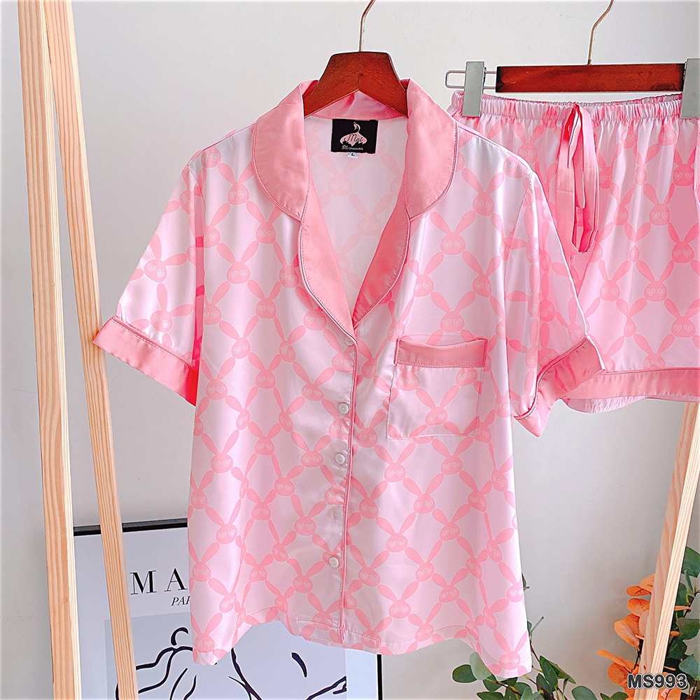Bộ Đồ Ngủ Pyjama MAI SLEEPWEAR Lụa Mặc Nhà Áo Tay Ngắn Quần Ngắn Thỏ Tim Phối Viền Trẻ Trung Cao Cấp MS993