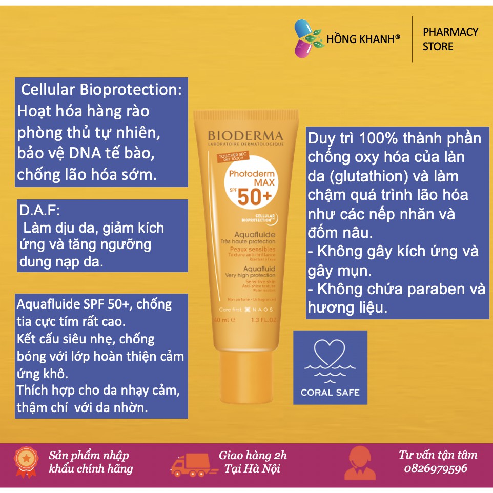 Kem Chống Nắng Bioderma Photoderm Max Aquafluide Teinte Claire Tông Màu Tự Nhiên SPF50+ 40ml