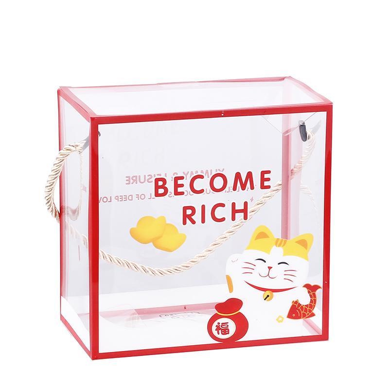 1 Hộp Nhựa Trong Quai Xách ~ Mèo Become Rich (14*14*8cm) - 1 hộp