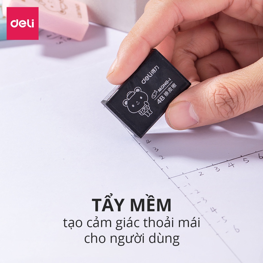 Tẩy 4B Deli hình chữ nhật 1 chiếc màu ngẫu nhiên đen/ hồng/ xanh dương/ vàng - 33012