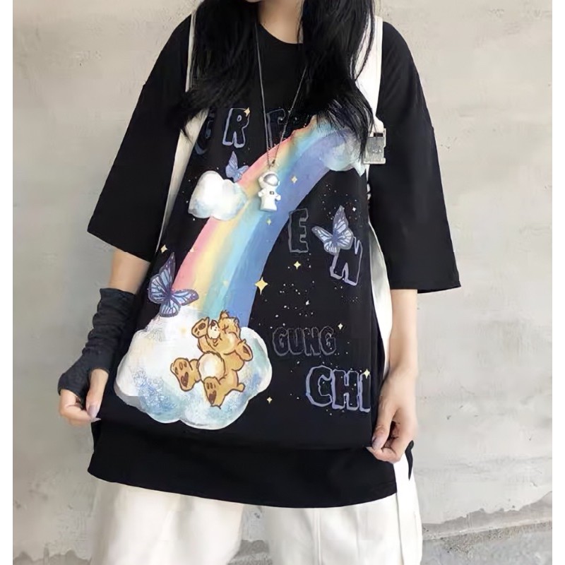 Áo phông tay lỡ form rộng, áo thun unisex nam nữ chất cotton rainbows bear