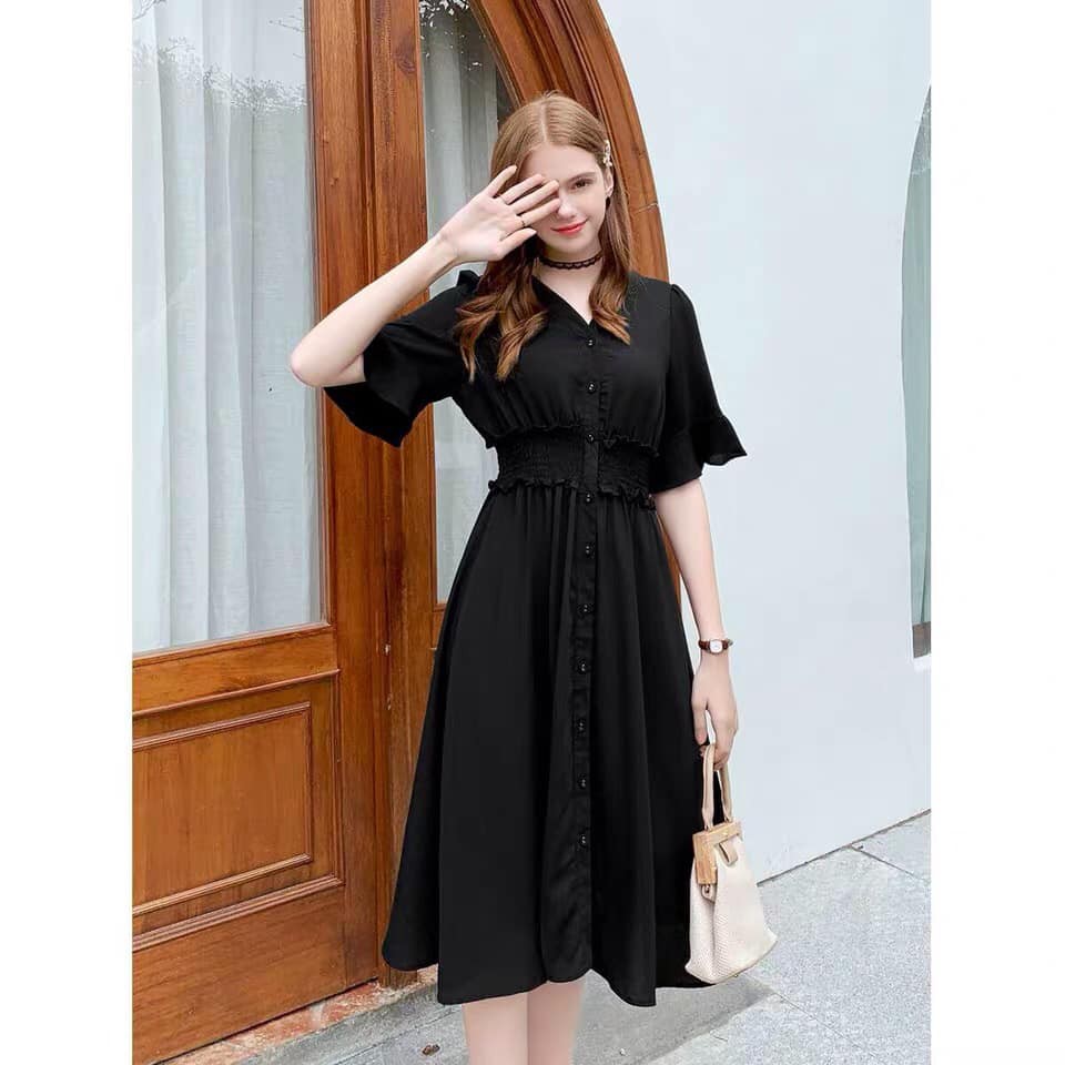 Đầm xòe cổ V nhúng dự tiệc tòng sang chảnh phối nút so iu-yểu điệu thục nữ là em đây chứ aiiiiiii