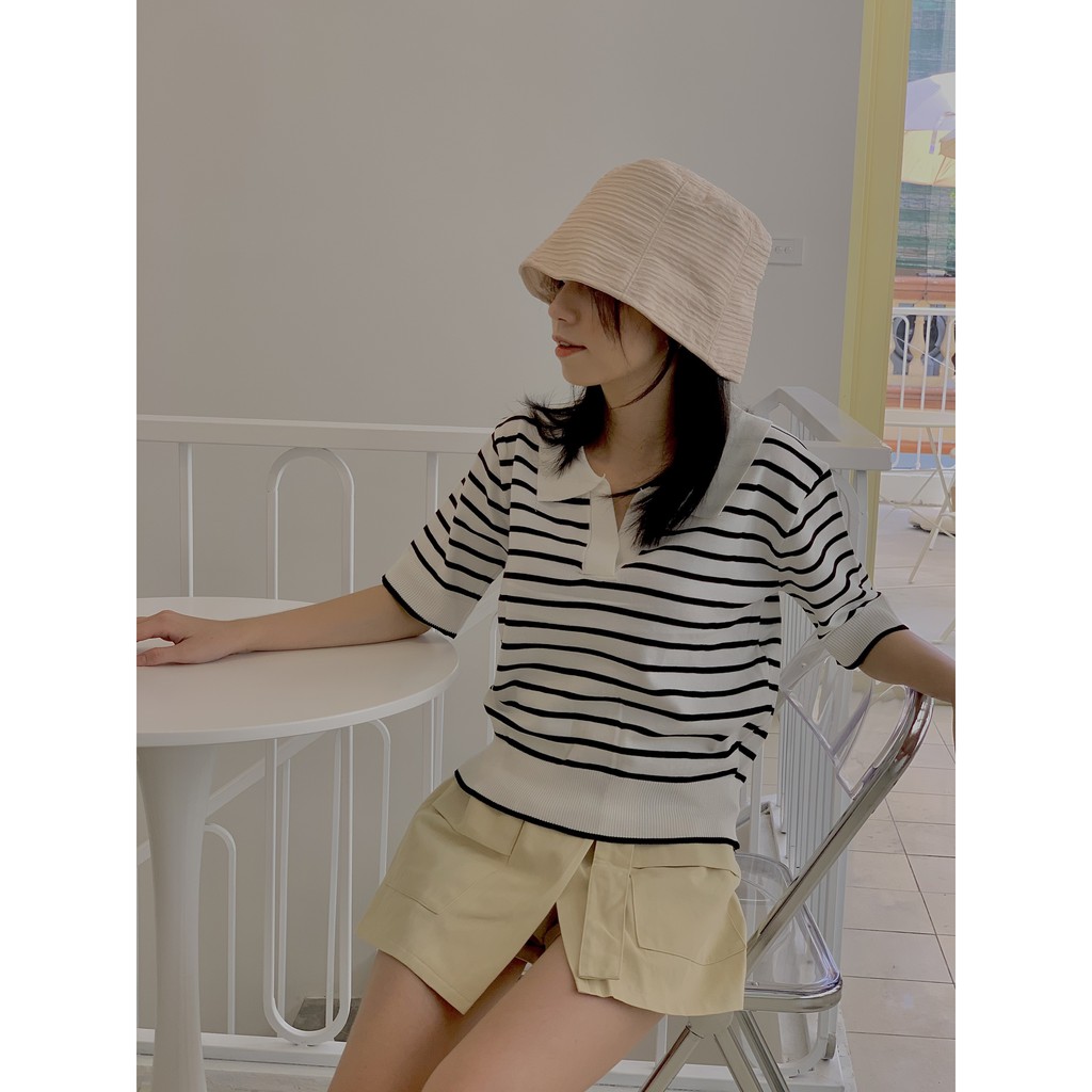 Áo len tăm cổ polo ngực V kẻ SA448 Lollie.studio | BigBuy360 - bigbuy360.vn