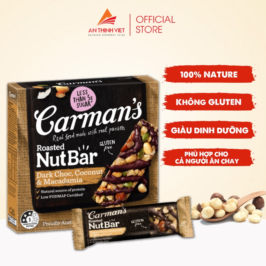 Thanh Hạt Carman's Nut Bar Dark Choc, Coconut, Macadamia - Chocolate đen, Dừa, Hạt Maca - 160g