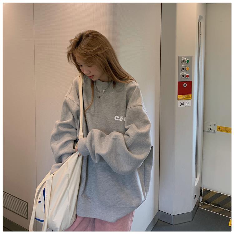 COZOK Áo sweater cổ tròn dáng rộng in chữ đơn giản phong cách Hàn Quốc thời trang