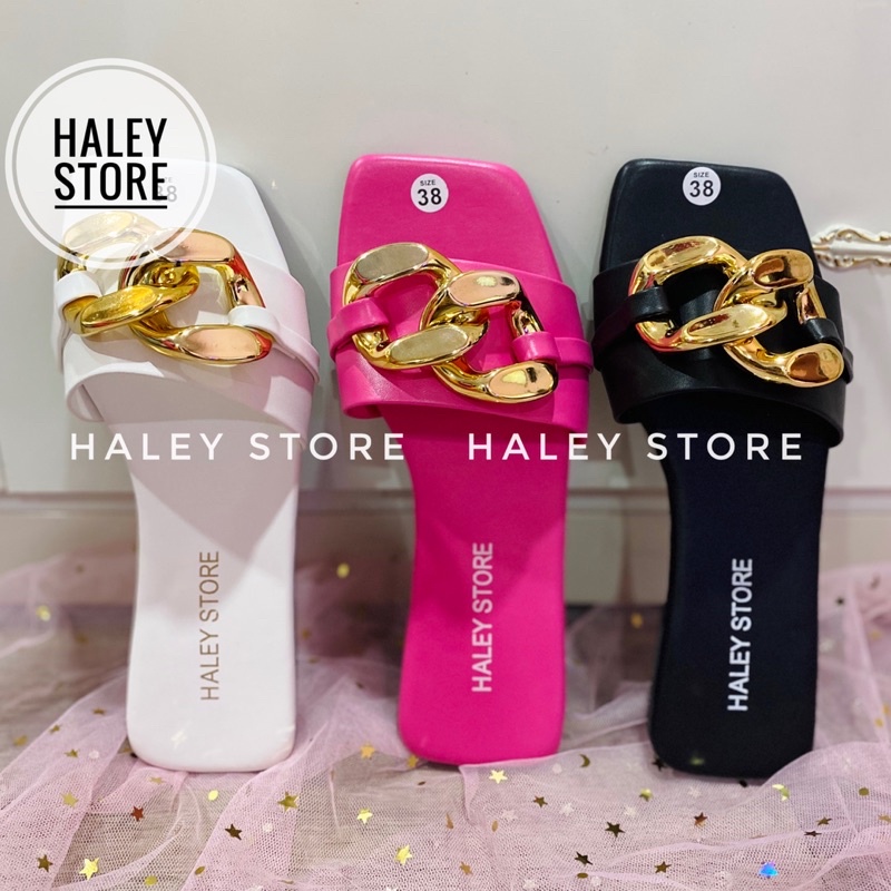 Dép nữ đế bệt quai ngang đính xích to Hottrend 2021 HALEY STORE