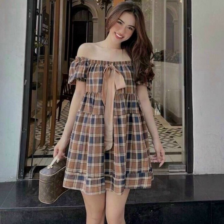 Đầm caro Babydoll nơ chuẩn form 60kg vải kate nỉ đẹp