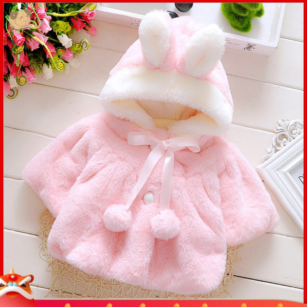 Áo choàng tai thỏ phối lông thú đáng yêu dành cho bé gái