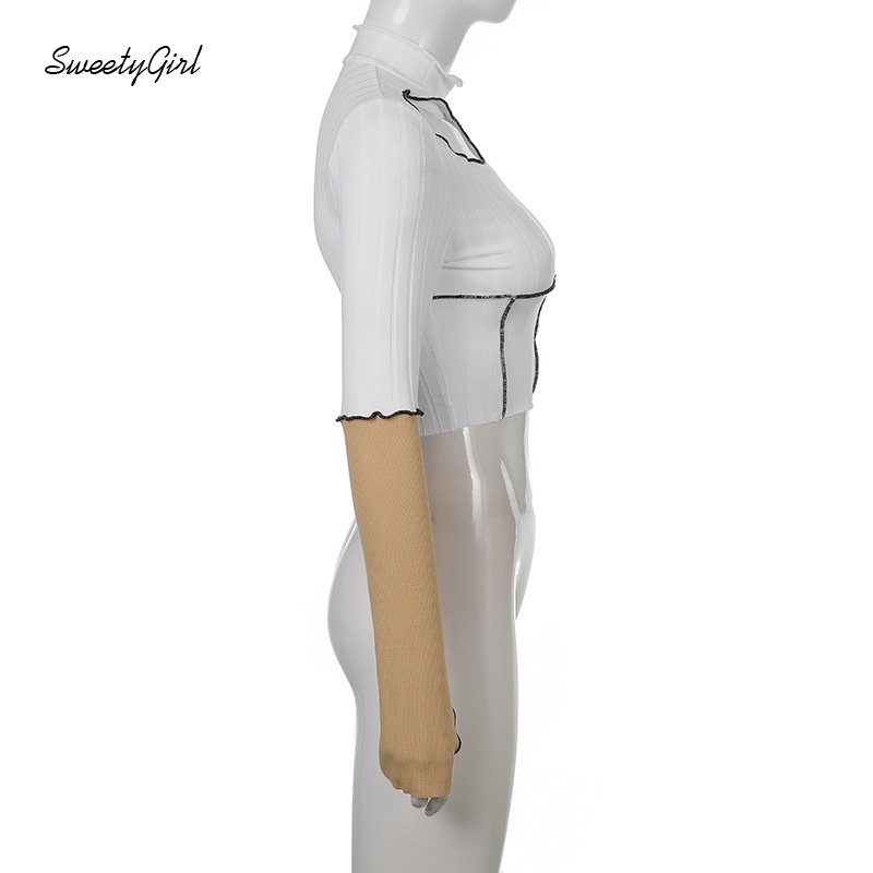 Áo Croptop Tay Dài Cổ Tròn Màu Sắc Tương Phản Thời Trang Dành Cho Nữ