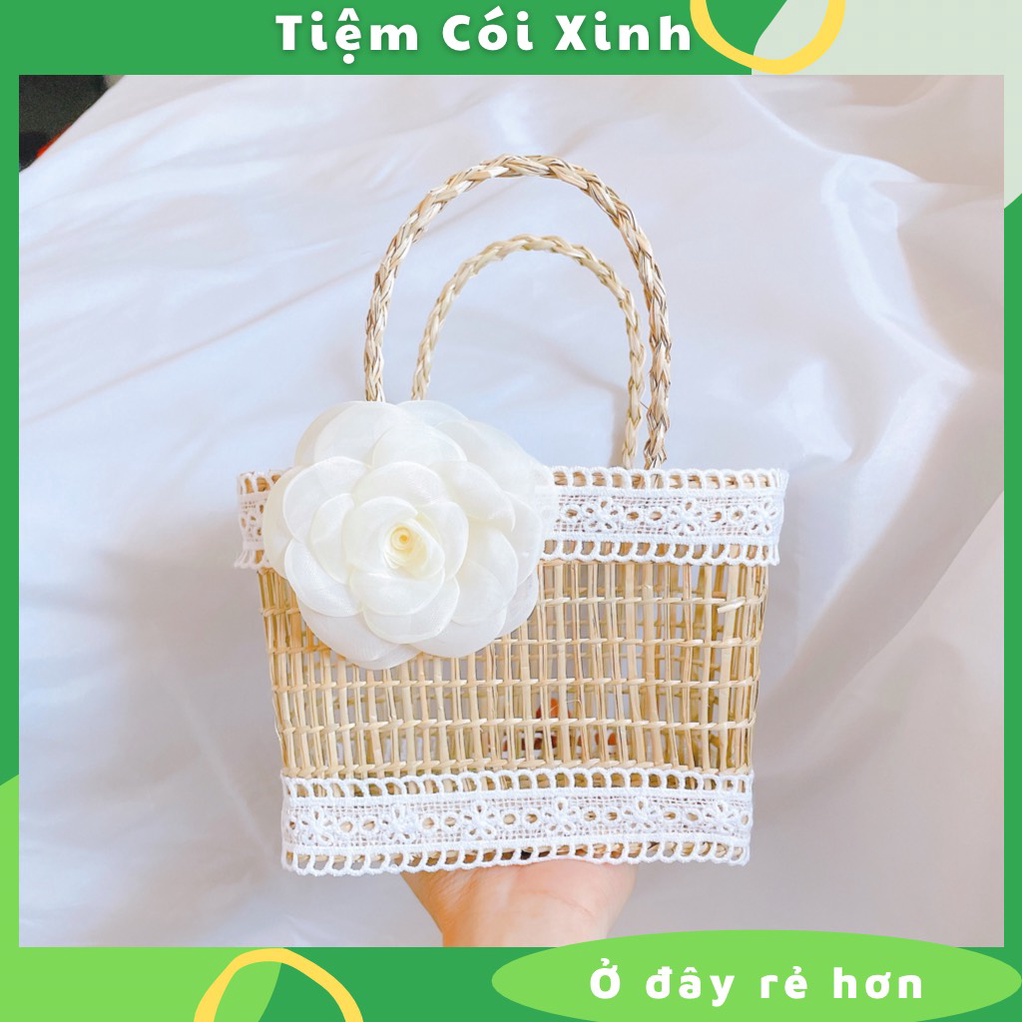 Túi Xách Cói Bé Gái Mini Gắn Hoa Dễ Thương Vintage TIỆM CÓI XINH