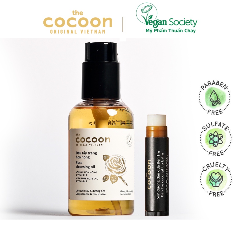 Combo Dầu tẩy trang hoa hồng cocoon 140ml + Son dưỡng môi dầu dừa bến tre cocoon 5g - Vegan Society