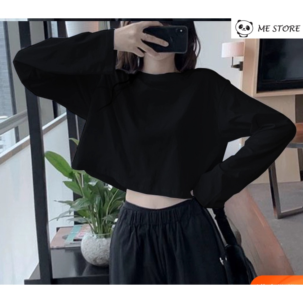 Áo thun tay dài thu đông croptop trơn Ulzzang form rộng dáng rộng chất liệu 100% cotton